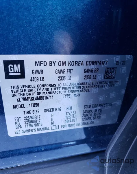 2021 Chevrolet Trailblazer Lt z USA, uszkodzony, nr VIN KL79MRSL4MB015714